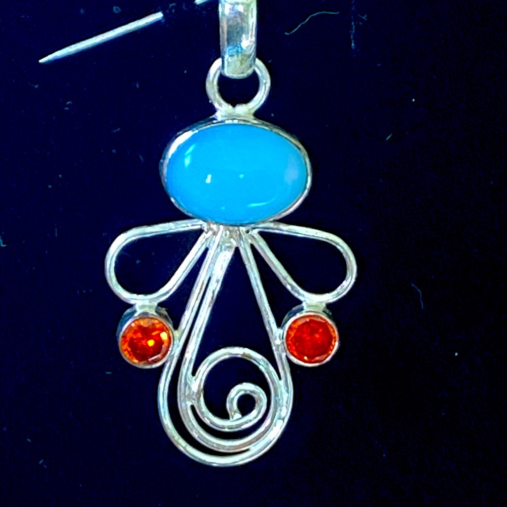 Handcrafted Silver Opaline Cabochon and Faceted Orange Topaz Stone Angel Pendant